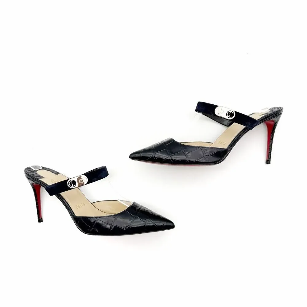 CHRISTIAN LOUBOUTIN Choc Lock Navy Blue Slide Size 37.5 US 7 Leather Heel Mule - Picture 7 of 13